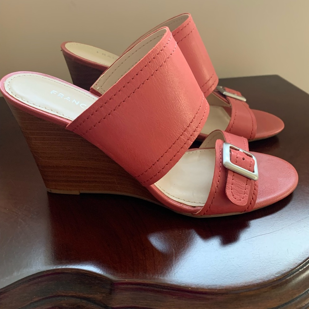 Franco Sarto Wedges, Size 7.5 Medium. Salmon Color. Buckle Detail. Wooden Wedge